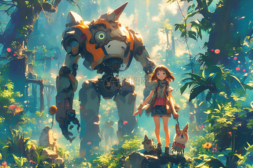 少女与机器人在森林中冒险图片