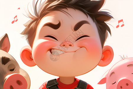 快乐悲伤小男孩与小猪插画