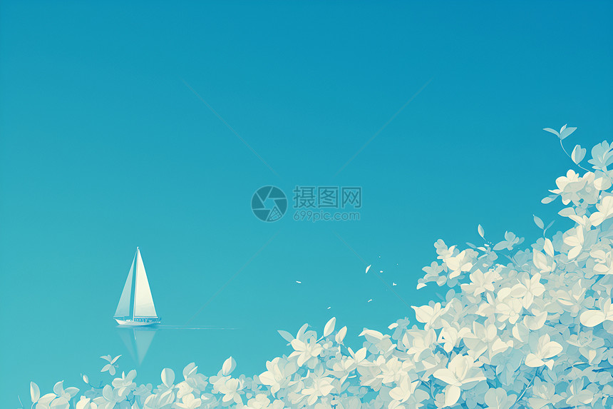 白花与蓝天孤舟图片