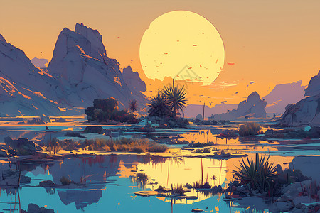 沙漠湖泊清晨的沙漠绿洲插画