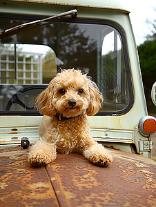 手绘卡通车车前的小狗背景