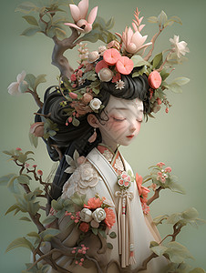 古代雕塑戴着花朵的女孩插画