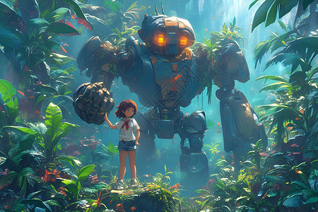 神奇少女与机器穿越丛林背景图片