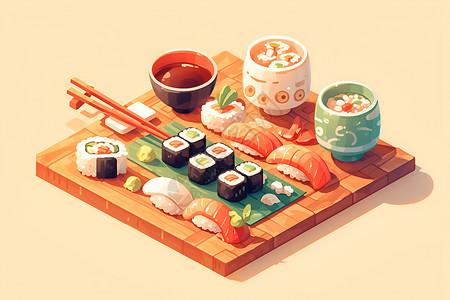 木质筷子可爱的迷你寿司插画