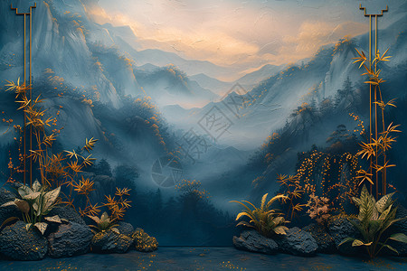 金竹环绕的山水画背景图片