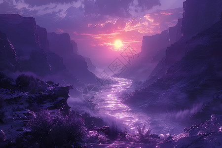 紫色苍穹下的奇幻山谷高清图片