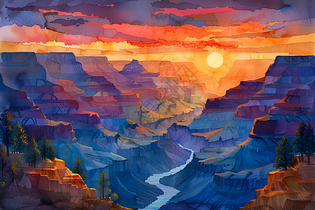 原始地貌峡谷日出壮丽的彩霞与流淌的河流插画
