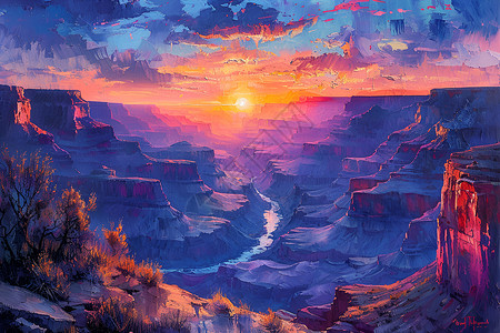 地貌奇观壮丽峡谷中的日出奇观插画