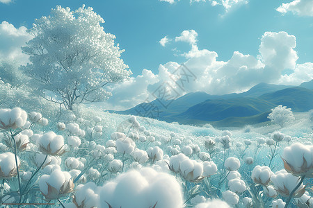蓬松柔软白云壮观的棉花田背景