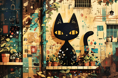 猫咪涂鸦巷墙背景图片