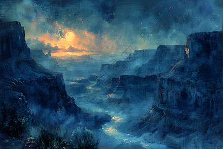 夜晚峡谷美丽的峡谷插画
