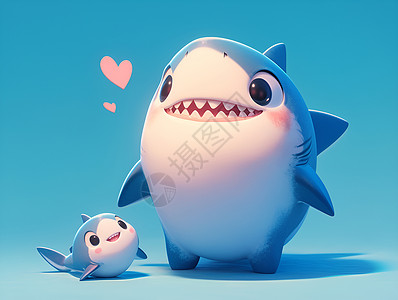 水獭幼崽带着幼崽的大白鲨插画