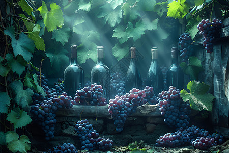 酒瓶间的葡萄背景图片