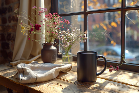 咖啡杯陶瓷窗台上的咖啡背景