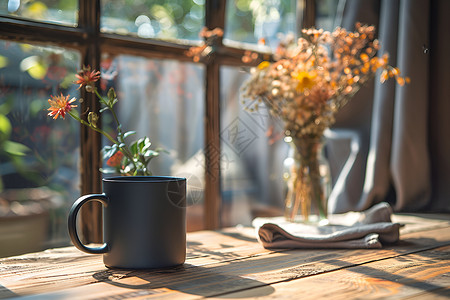 咖啡木桌阳光下的咖啡背景