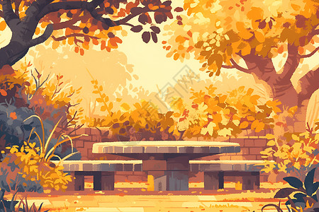 秋日园林里的石桌石凳背景图片