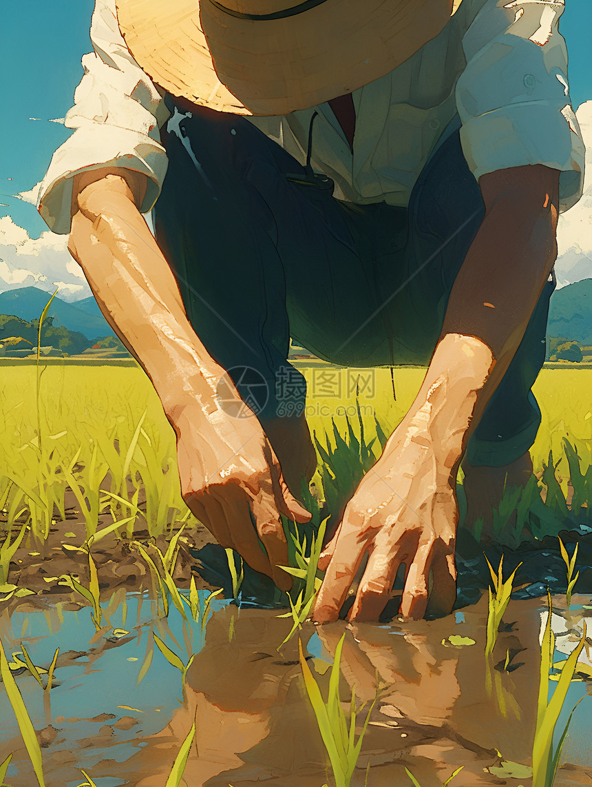 正在种水稻的农民图片
