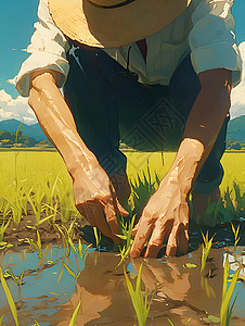 种植水稻农民正在种水稻的农民插画