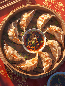 一整碗热汤饺子和蘸料美味的蒸饺插画