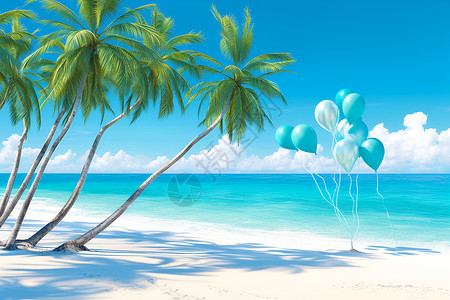 椰林飘香沙滩上的椰树和气球插画