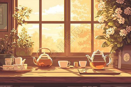 玻璃茶具窗台上的茶具插画