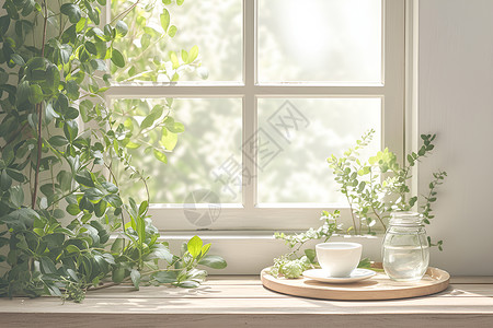 植物窗台木制托盘里的玻璃茶具背景
