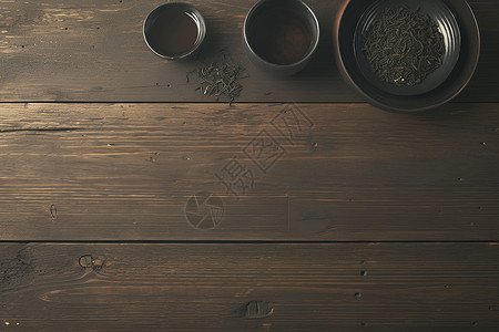 木桌上的陶瓷茶具背景图片