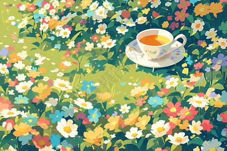 茶桌草地上的茶杯插画