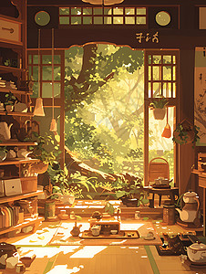 房间里的日式茶具背景图片