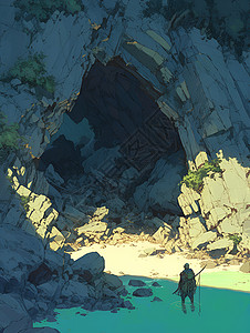 荒凉的岛屿荒岛峭壁的洞穴入口插画