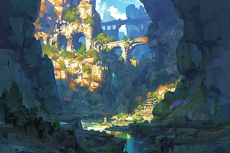 洞穴系统自然生态环境风景插画
