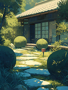 庭院绿化静谧的庭院插画