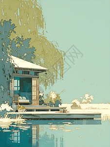 户外绿化湖畔茶屋与柳树环绕的宁静景色插画