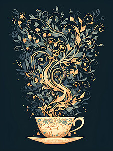 茶文化茶具复古精美的茶具插画