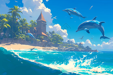 椰林跃出海面的海豚插画