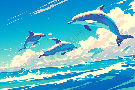 椰林海面上的海豚插画