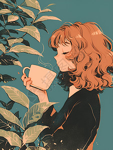 咖啡间树叶间捧着茶杯的女人插画