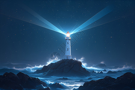 宁静的大海灯塔夜晚投射的光束插画