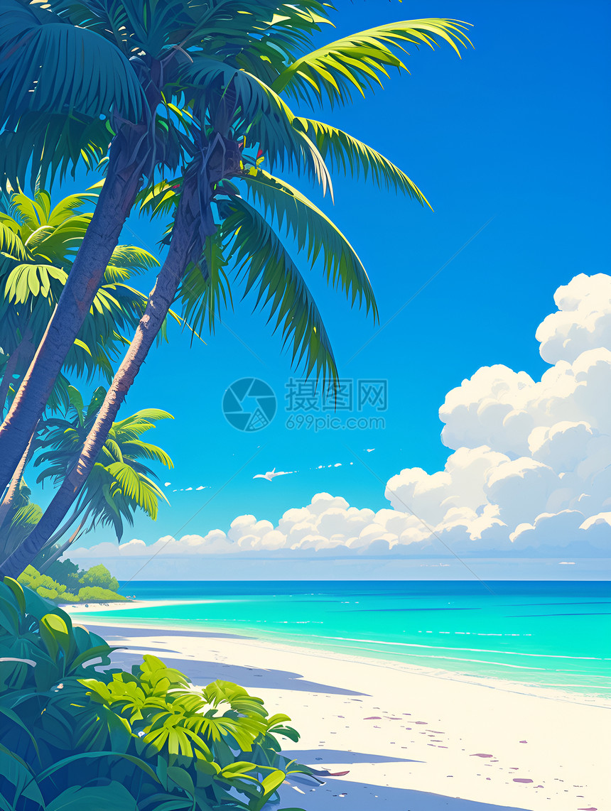 热带海滩的棕榈林图片