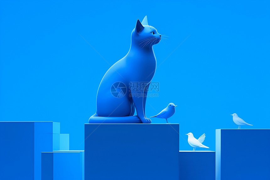 蓝色中的极简猫咪图片