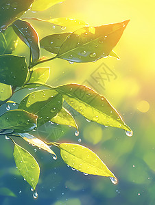 大露珠树叶晨雾中的叶子插画