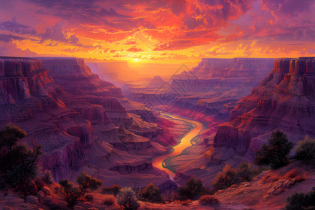 绿野日落天空大峡谷的宏伟瞬间插画
