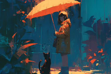 黑色猫咪雨伞雨中女子插画