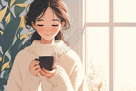 微笑咖啡素材女孩举着咖啡插画