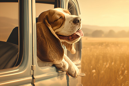 微笑地狗狗开心地坐在车里插画