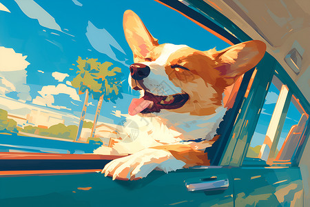 宠物坐车快乐的狗狗插画