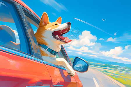 开心乘坐汽车的小狗插画