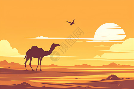 荒漠过渡带黄昏荒漠上的骆驼插画