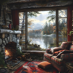 木屋度假村湖畔小屋的客厅插画