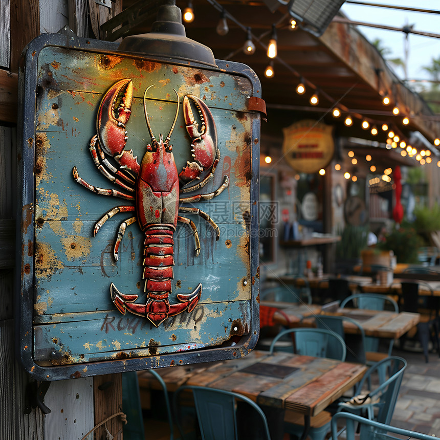 海鲜餐厅的铁质龙虾招牌图片